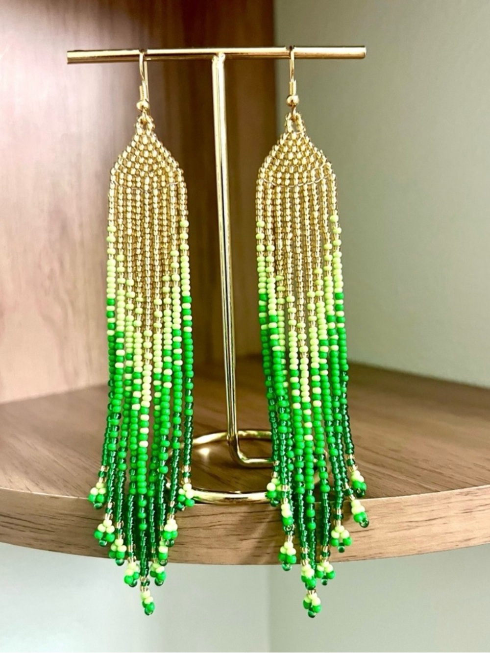 Gorgeous Gold to Green Ombre Seed Bead Fringe Earrings